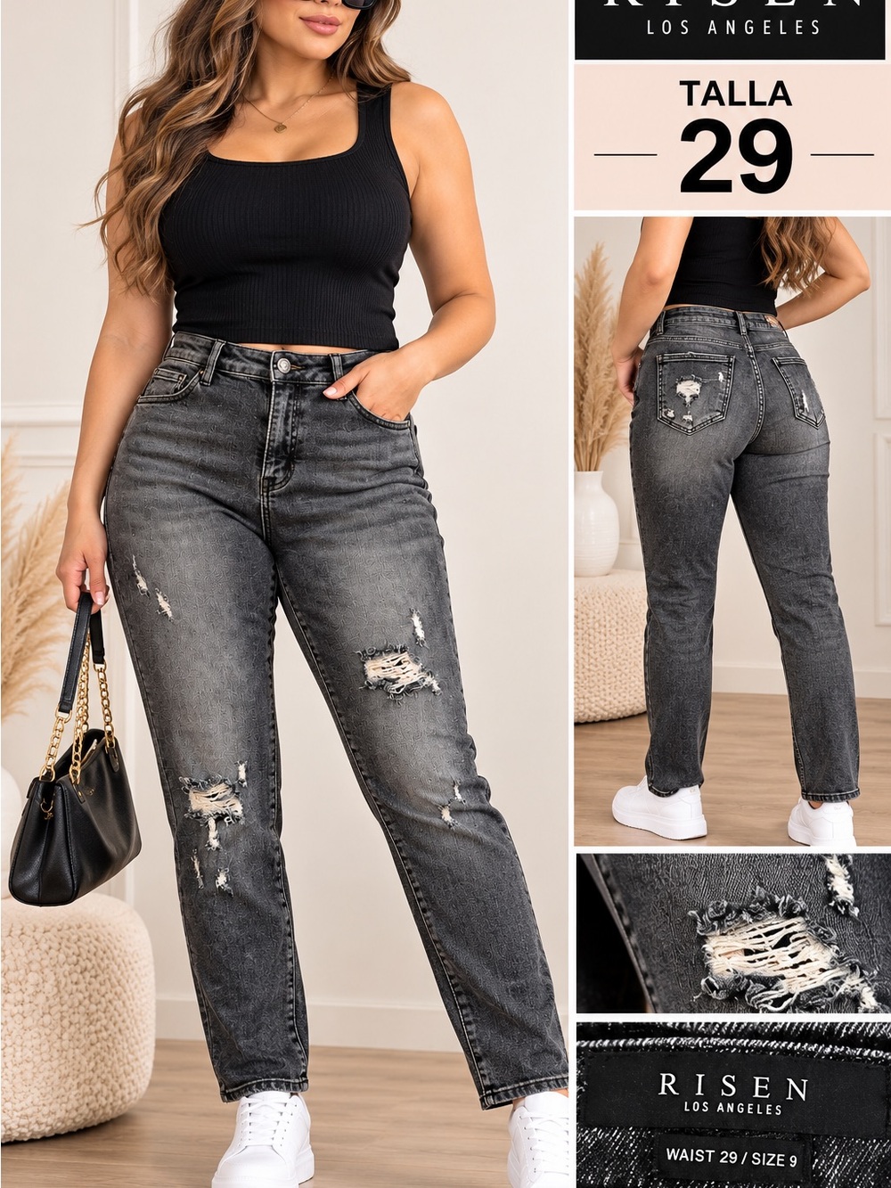 Risen Los Angeles High-Rise Distressed Black-Grey Jeans